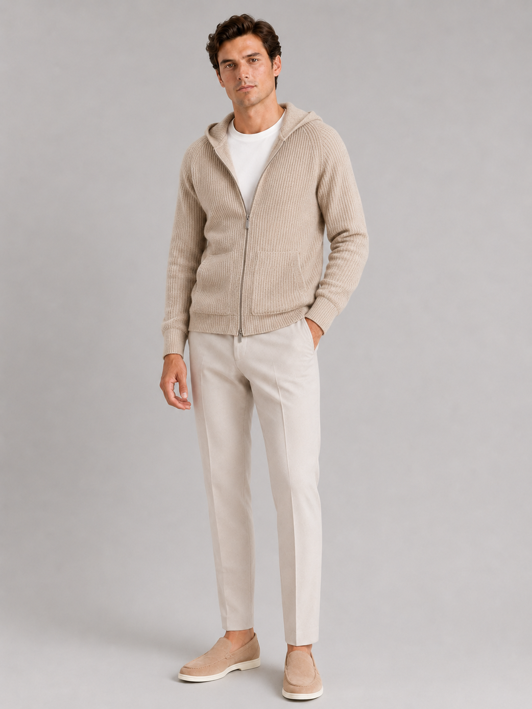 Men's merino wool zip hoodie cardigan – Beige full view – Edward & Lawsen