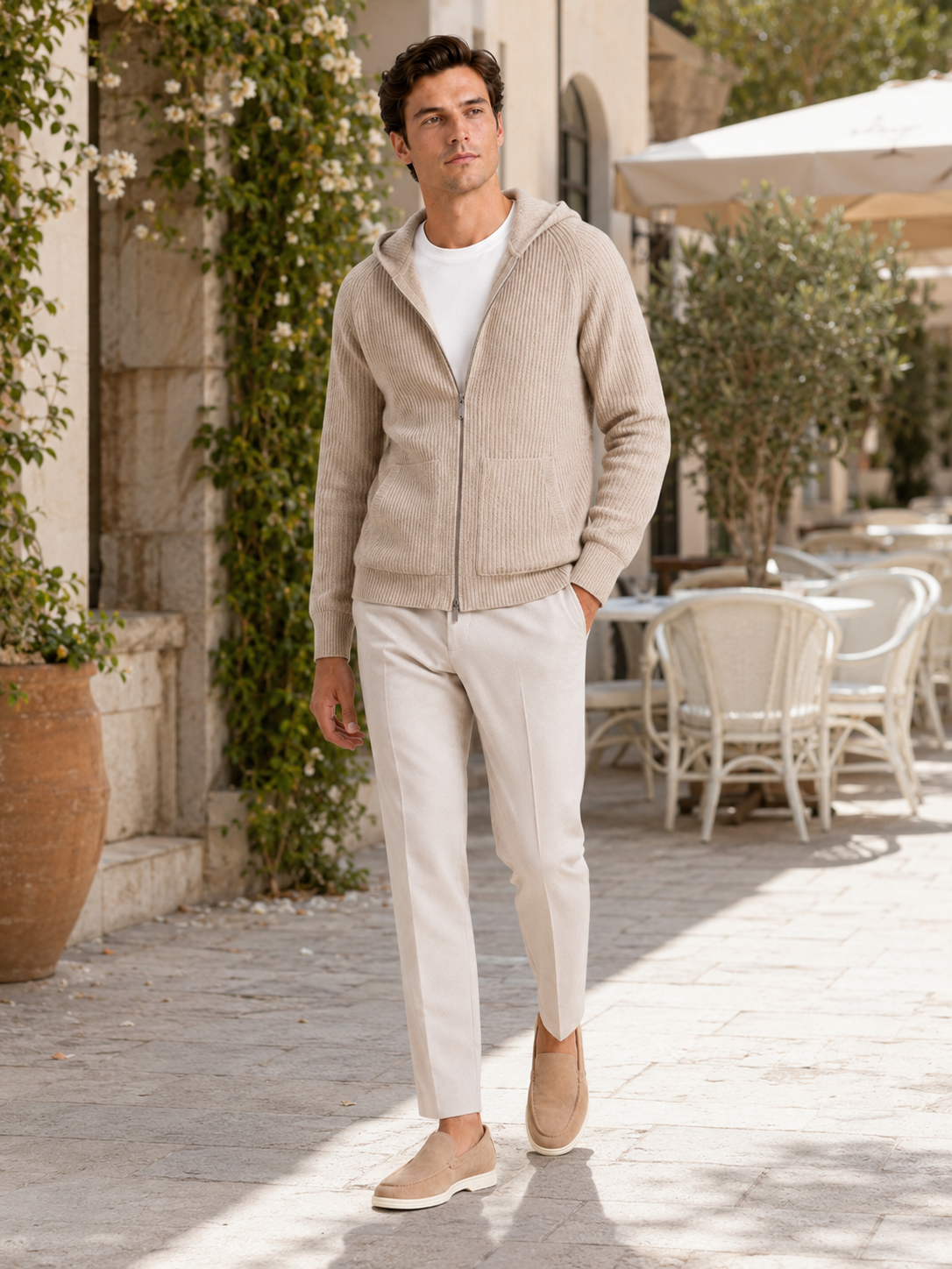 Men's merino wool zip hoodie cardigan – Beige lifestyle view – Edward & Lawsen