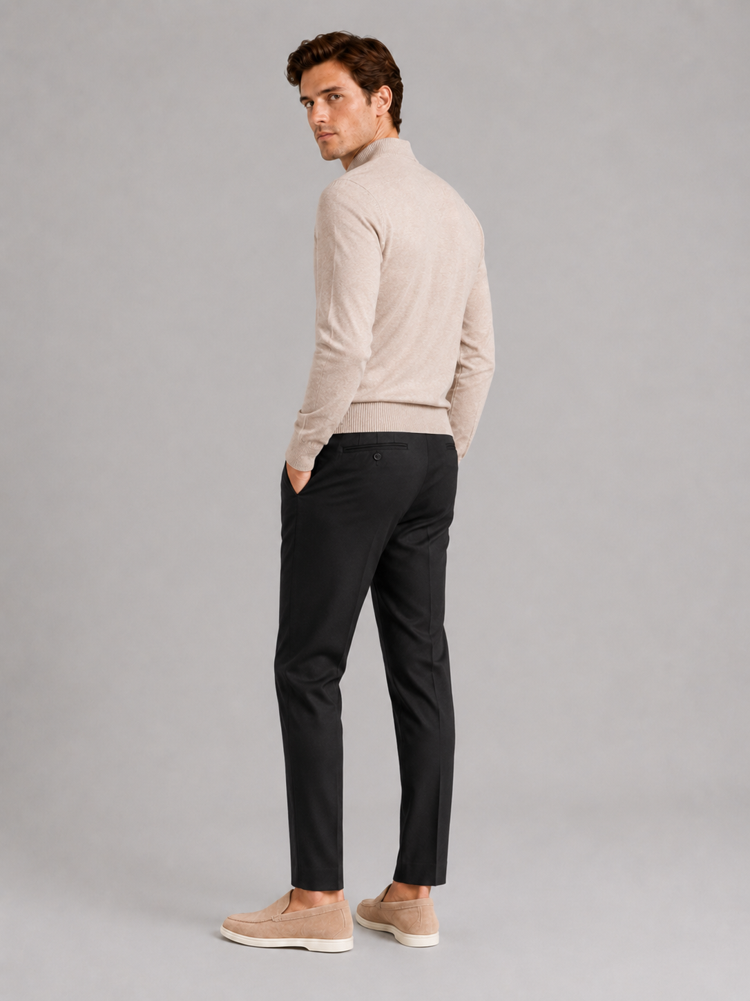 Men's slim fit mock neck sweater – Beige back view – Edward & Lawsen