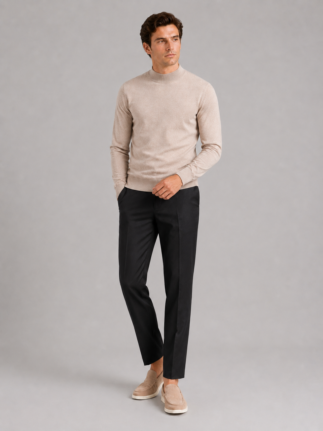 Men's slim fit mock neck sweater – Beige full view – Edward & Lawsen