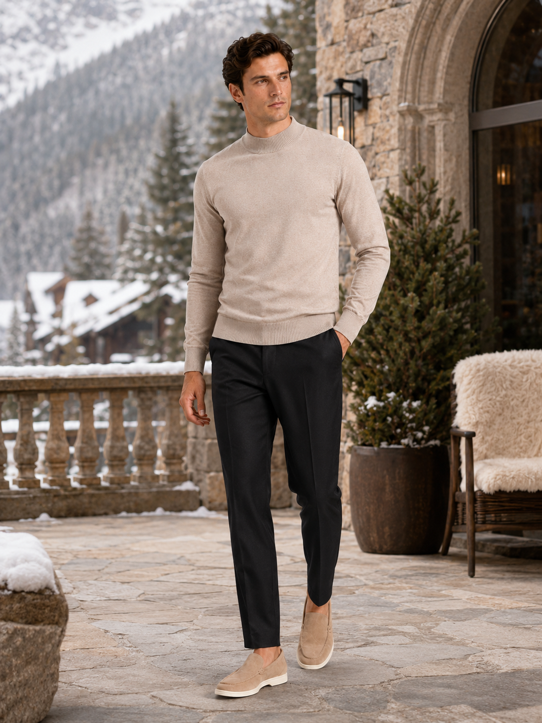 Men's slim fit mock neck sweater – Beige lifestyle view – Edward & Lawsen
