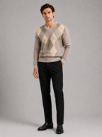 Men's plaid V-neck sweater – Beige full view – Edward & Lawsen