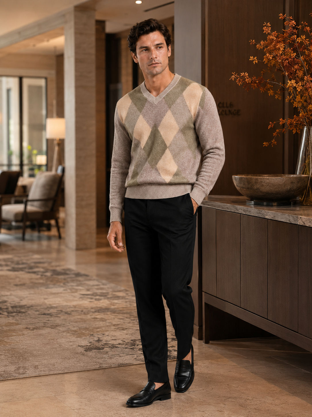 Men's plaid V-neck sweater – Beige lifestyle view – Edward & Lawsen
