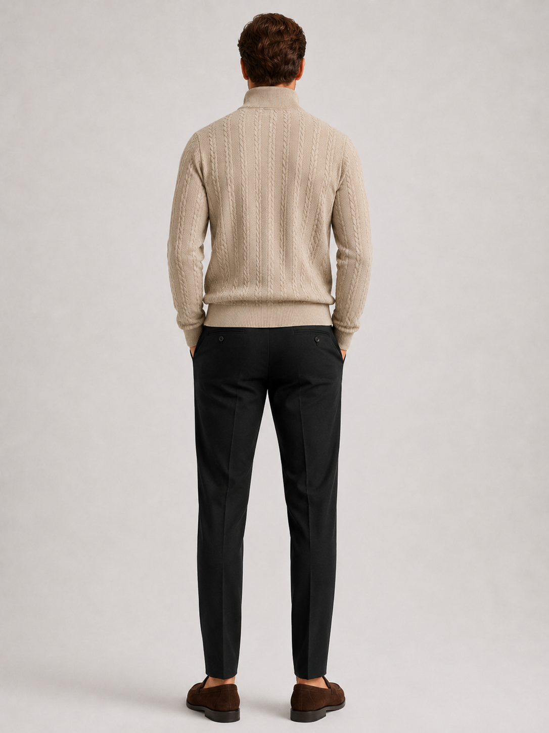 Men's jacquard quarter-zip sweater – Beige back view – Edward & Lawsen