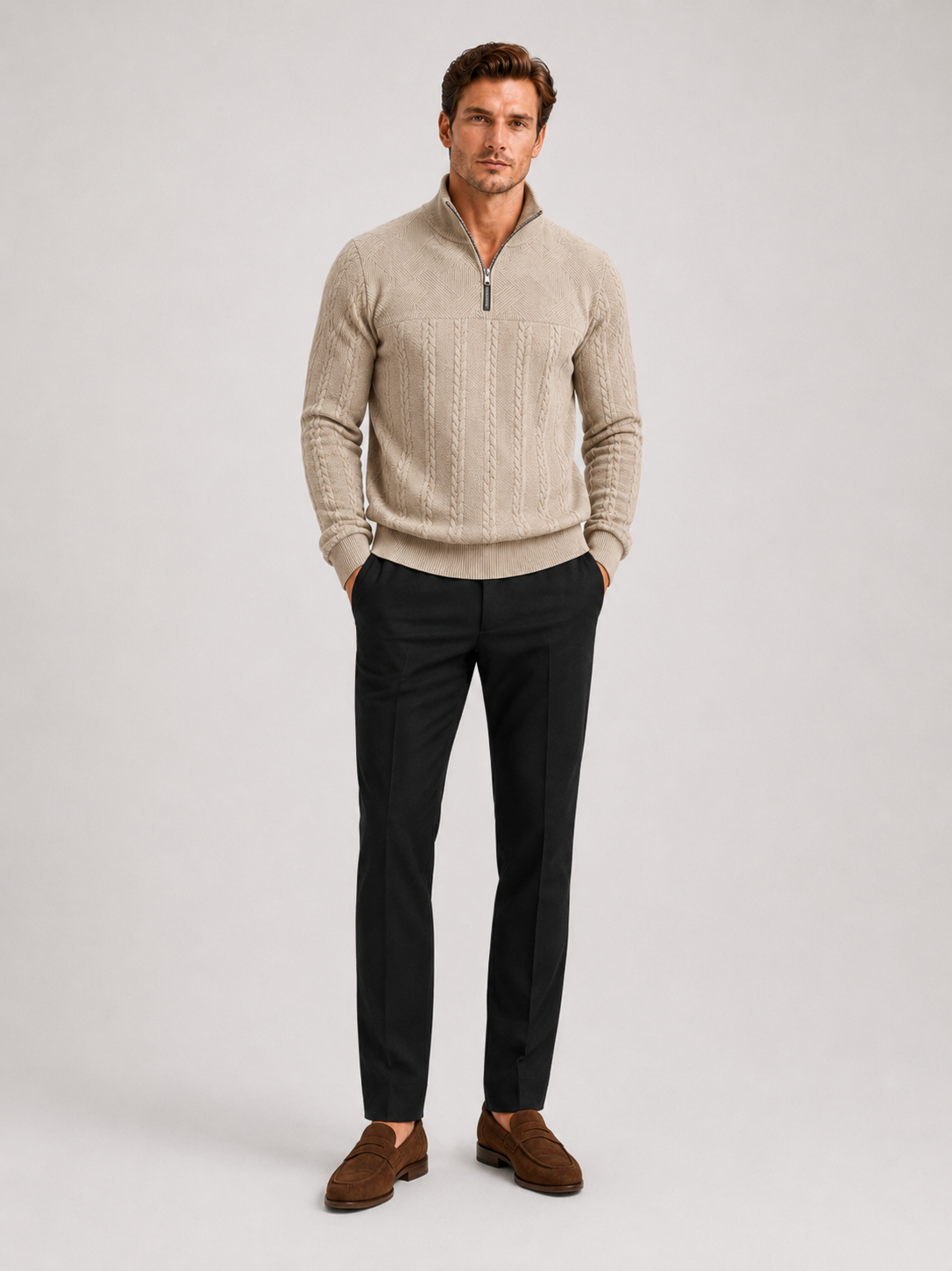 Men's jacquard quarter-zip sweater – Beige full view – Edward & Lawsen