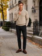 Men's jacquard quarter-zip sweater – Beige lifestyle view – Edward & Lawsen