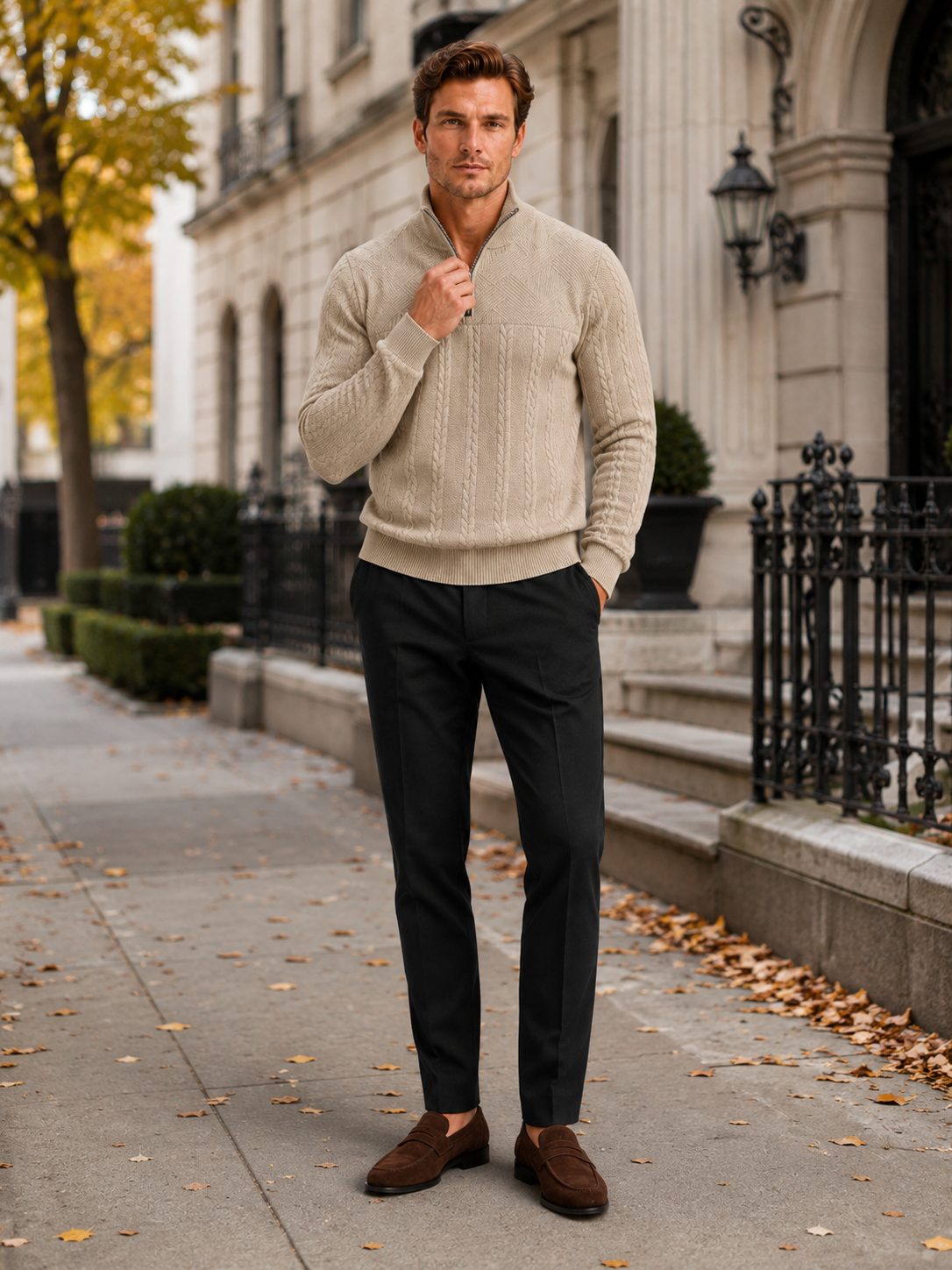 Men's jacquard quarter-zip sweater – Beige lifestyle view – Edward & Lawsen