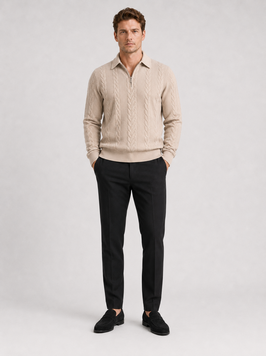 Men's quarter-zip turn-down collar sweater – Beige full view – Edward & Lawsen