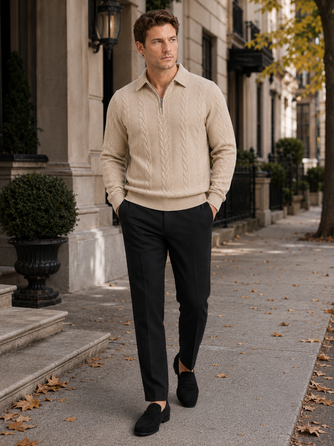 Men's quarter-zip turn-down collar sweater – Beige lifestyle view – Edward & Lawsen