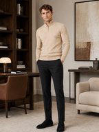 Men's quarter zip mock neck sweater – Beige lifestyle view – Edward & Lawsen