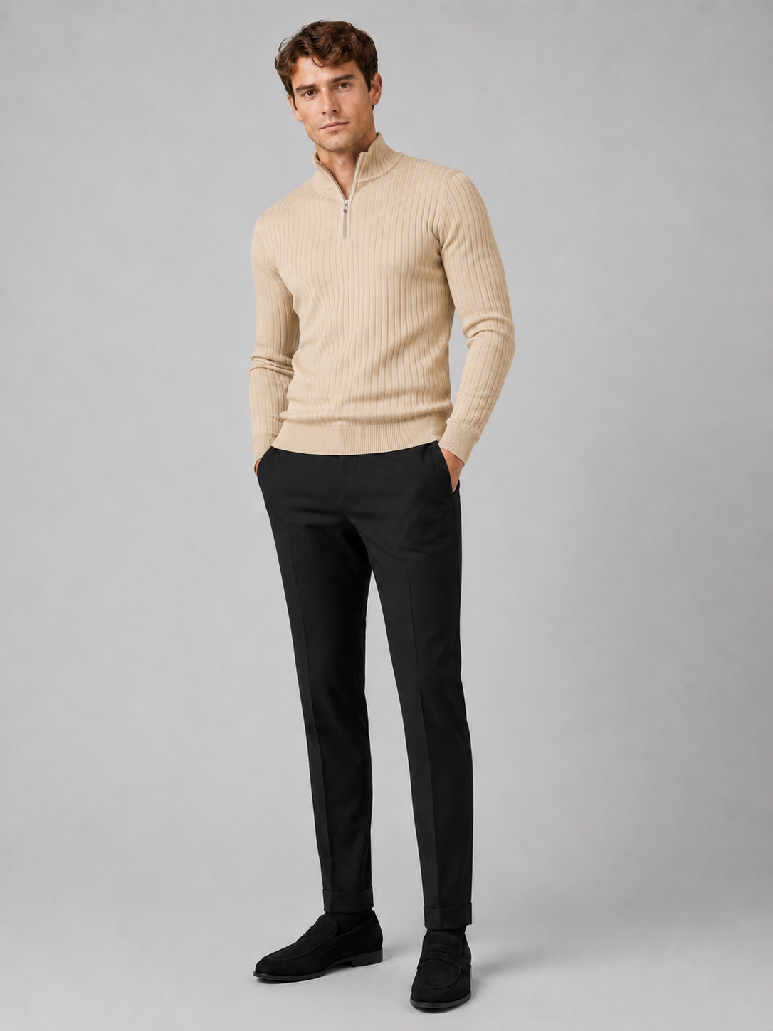 Men's quarter zip mock neck sweater – Beige full view – Edward & Lawsen