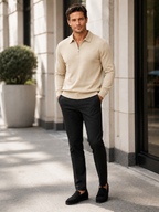 Men's quarter zip polo sweater – Beige lifestyle view – Edward & Lawsen