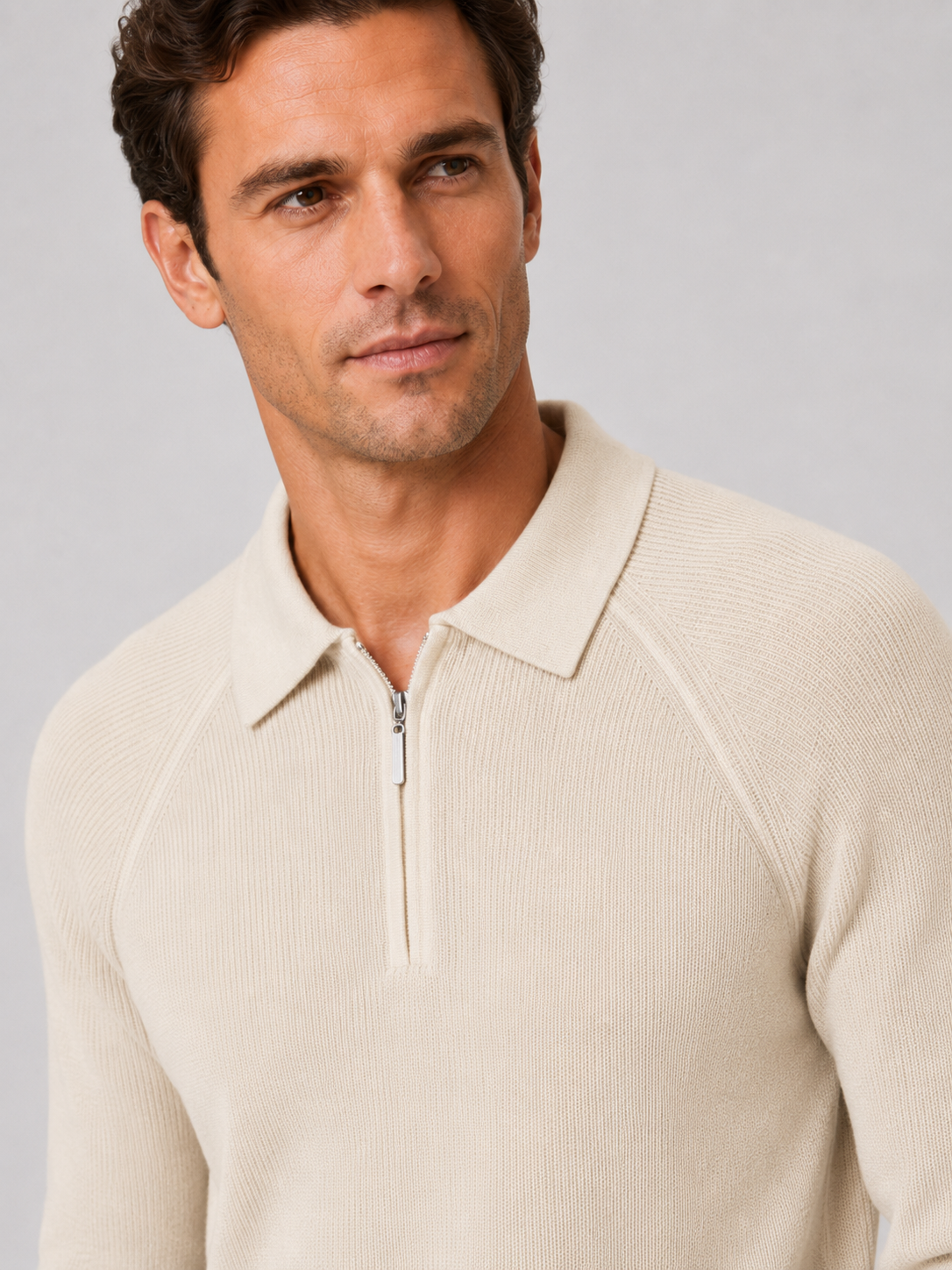 Men's quarter zip polo sweater – Beige detail view – Edward & Lawsen