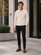 Men's quarter zip polo sweater – Beige lifestyle view – Edward & Lawsen