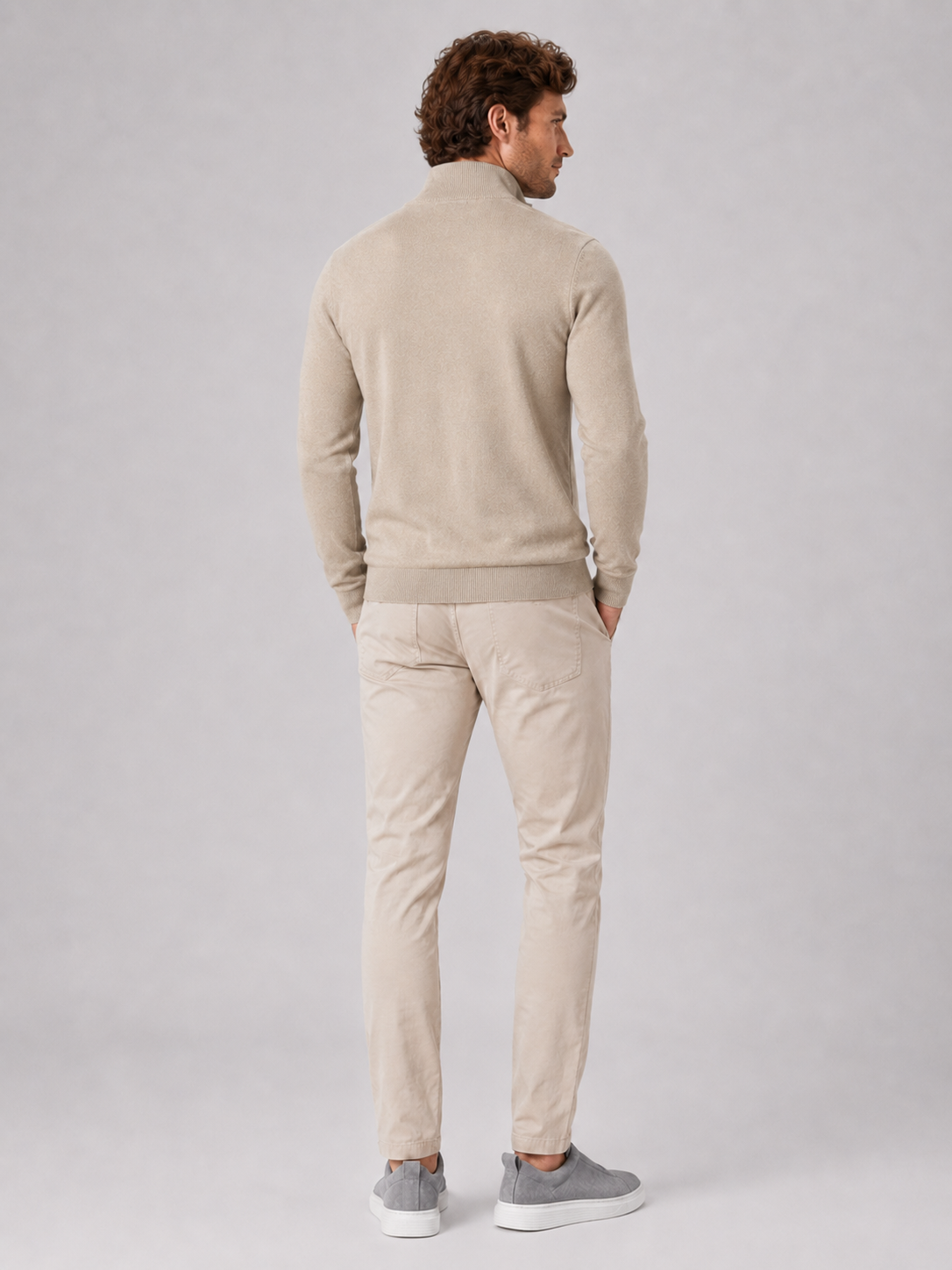 Men's quarter-zip mock neck sweater – Beige back view – Edward & Lawsen