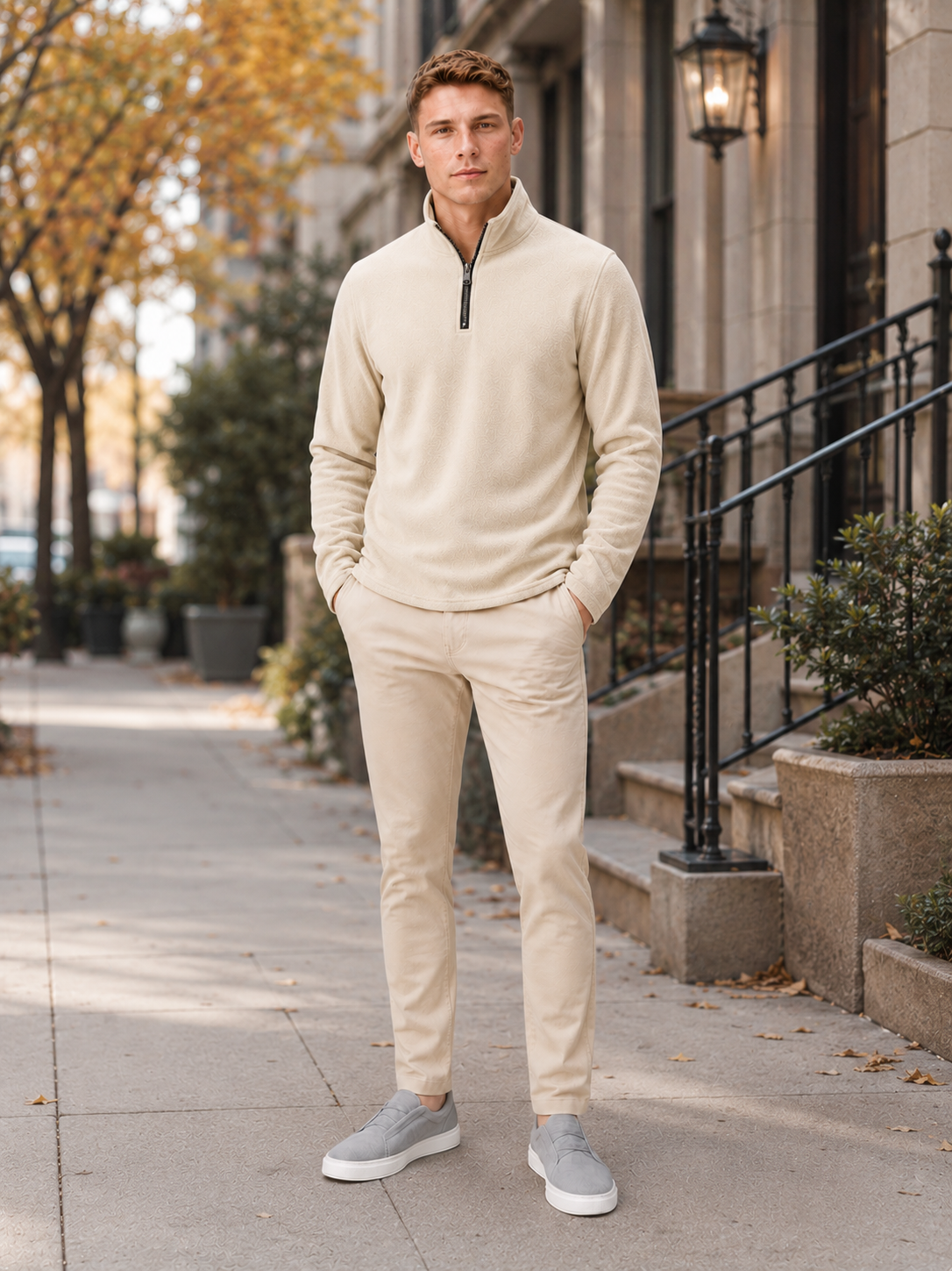 Men's fleece quarter-zip sweater – Beige lifestyle view – Edward & Lawsen