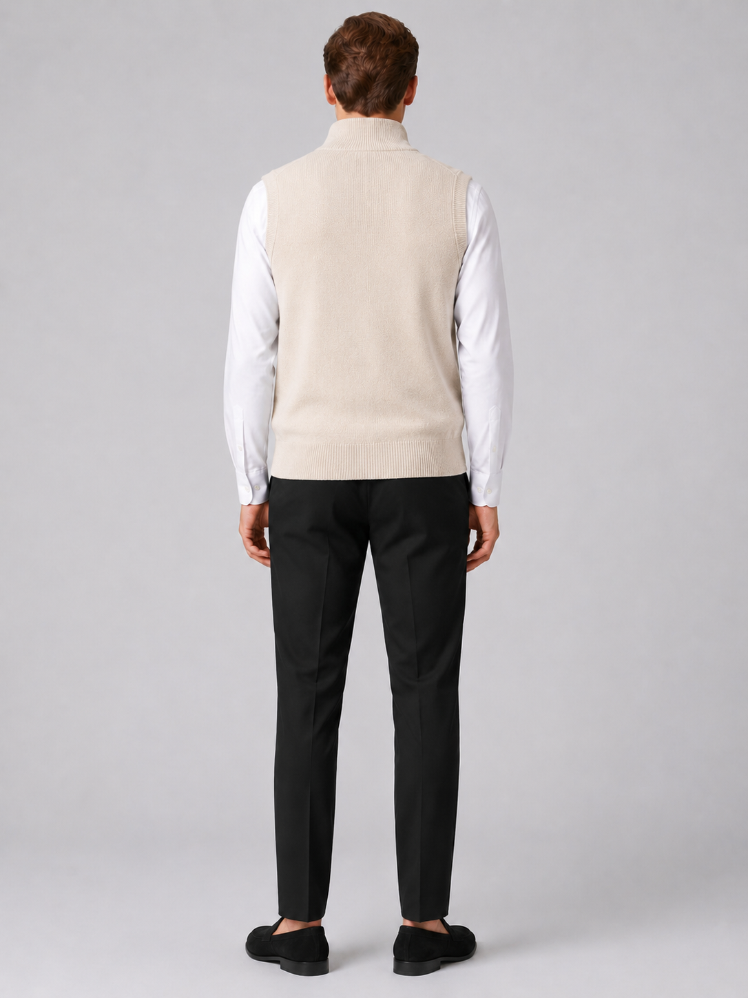 Men's full zip mock neck vest – Beige back view – Edward & Lawsen