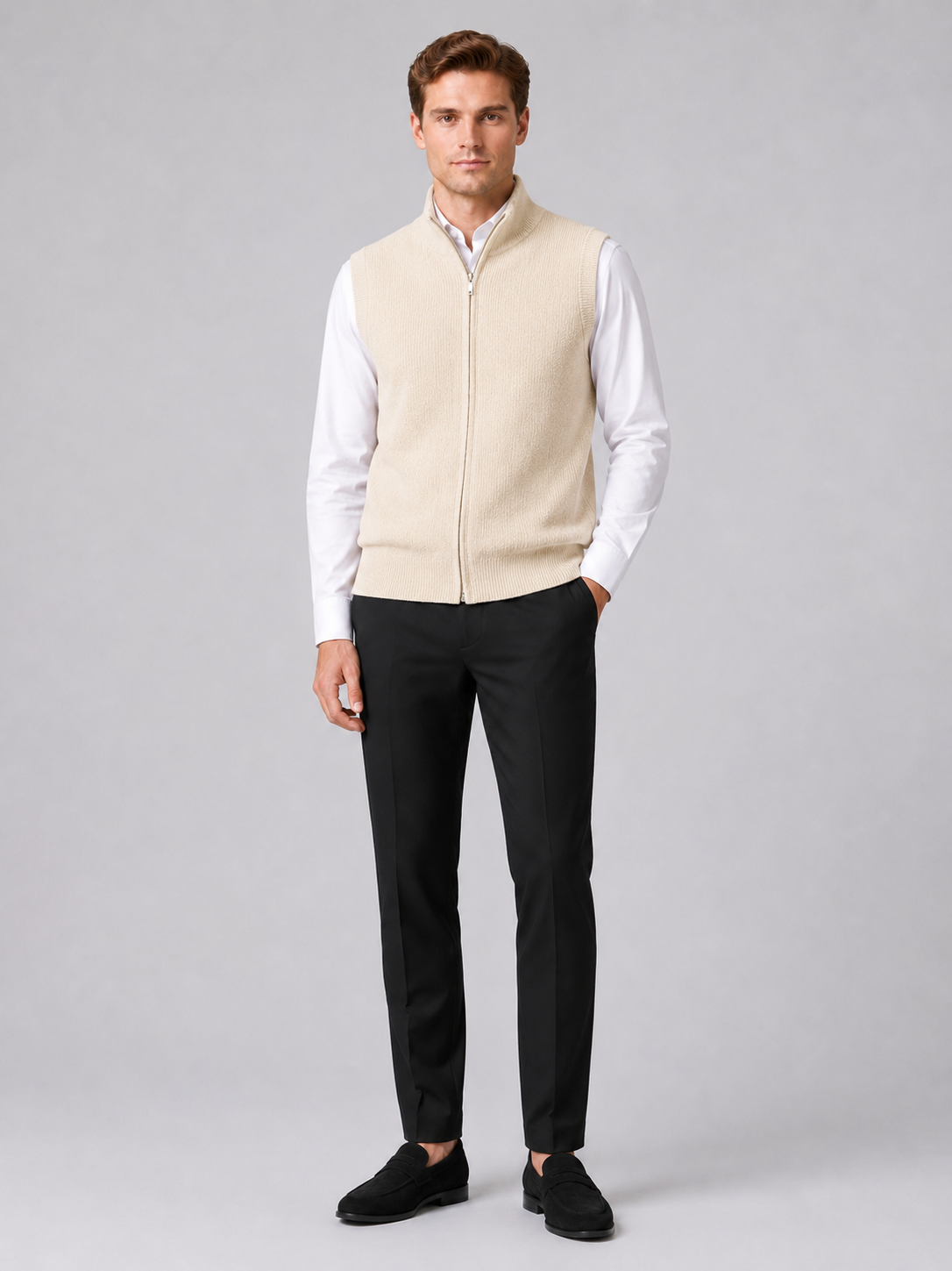 Men's full zip mock neck vest – Beige full view – Edward & Lawsen