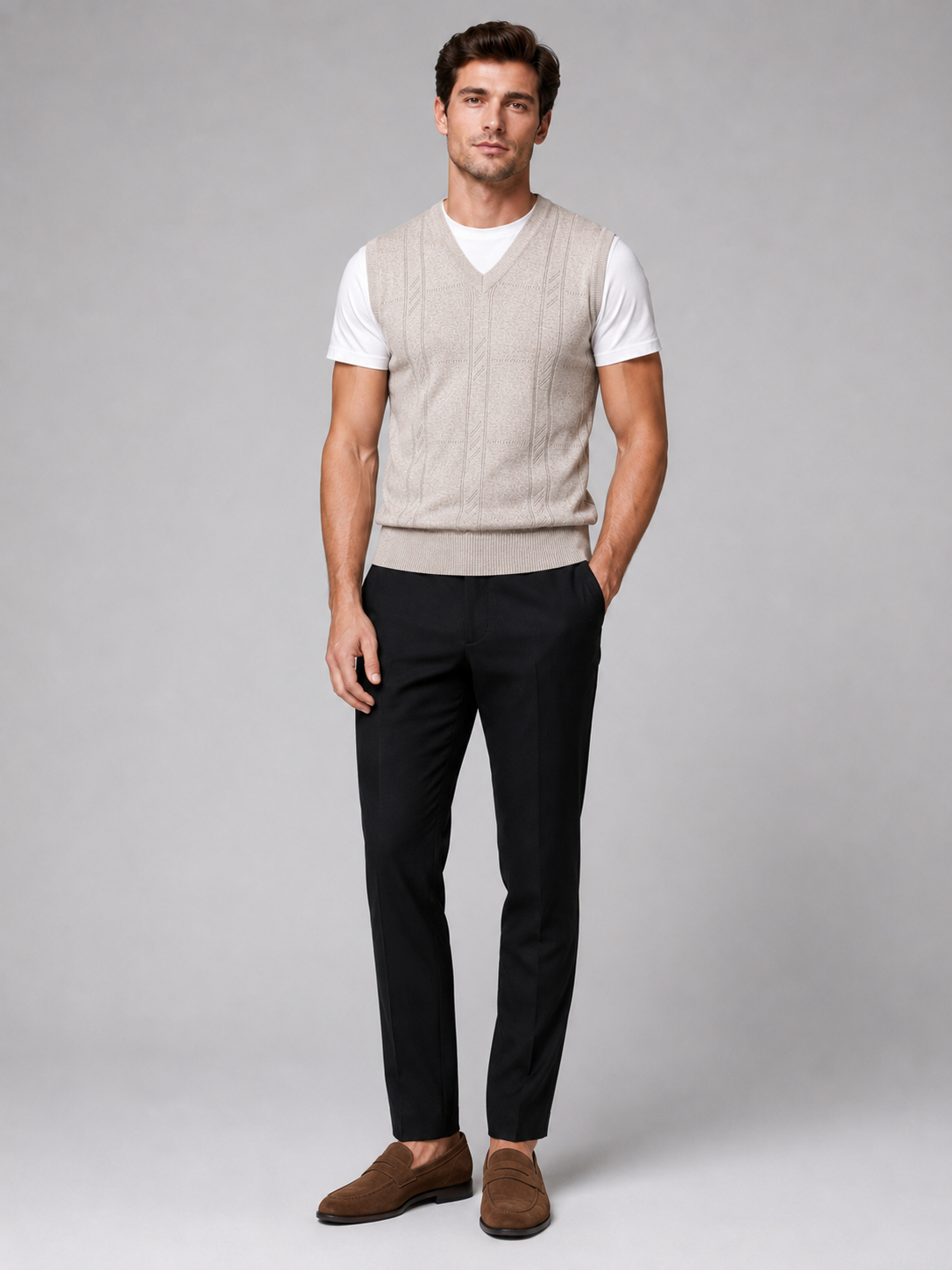 Men's sleeveless sweater vest – Beige full view – Edward & Lawsen
