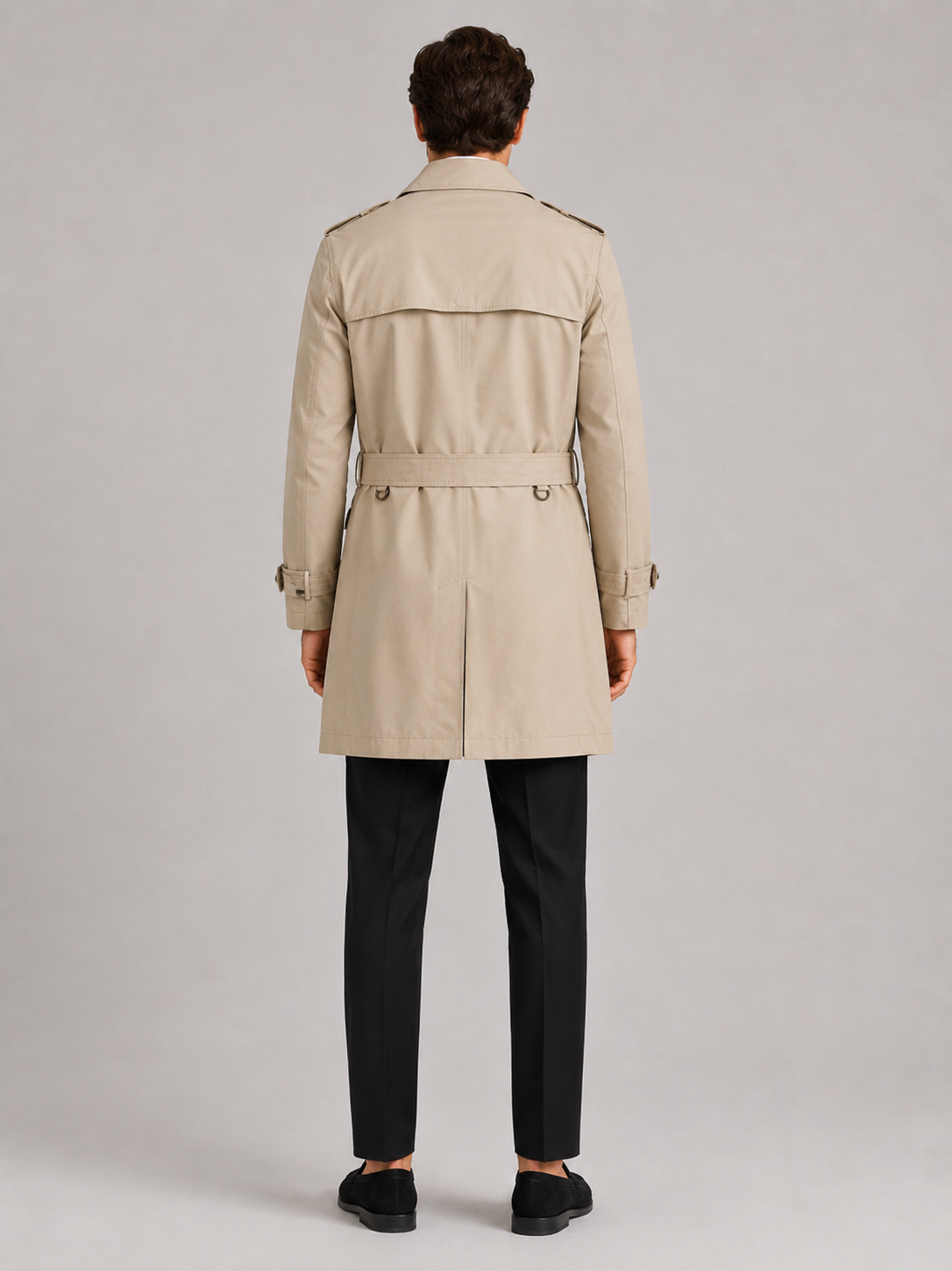 Men's cotton single-breasted trench coat – Beige back view – Edward & Lawsen