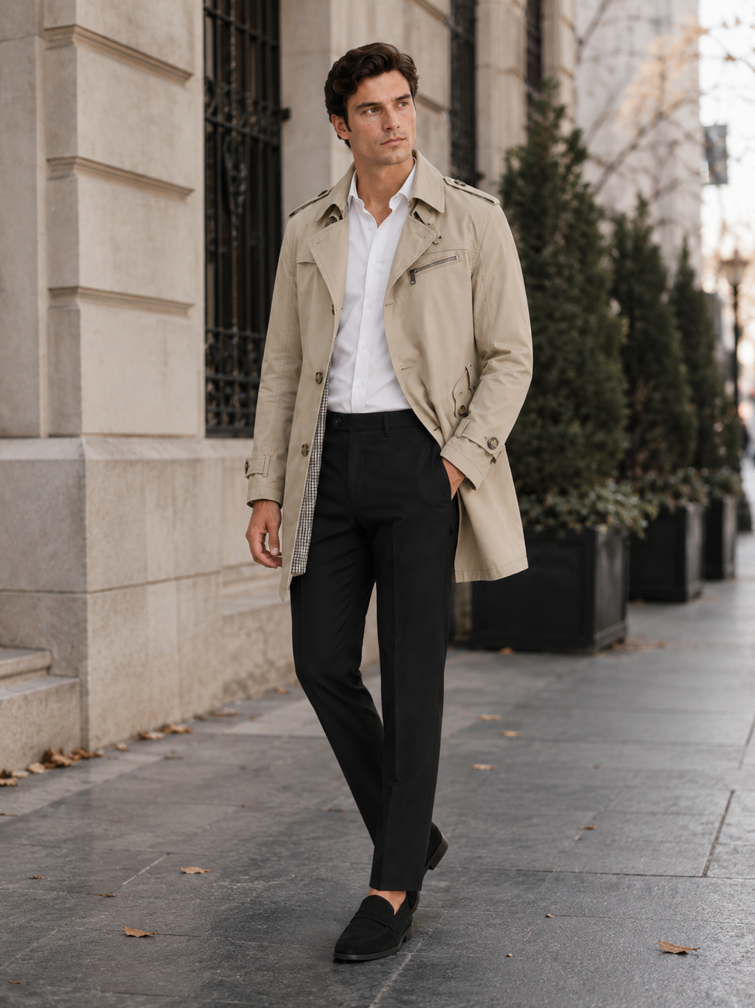 Men's cotton single-breasted trench coat – Beige lifestyle view – Edward & Lawsen