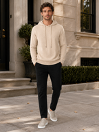 Men's wool hoodie sweater – Beige lifestyle view – Edward & Lawsen