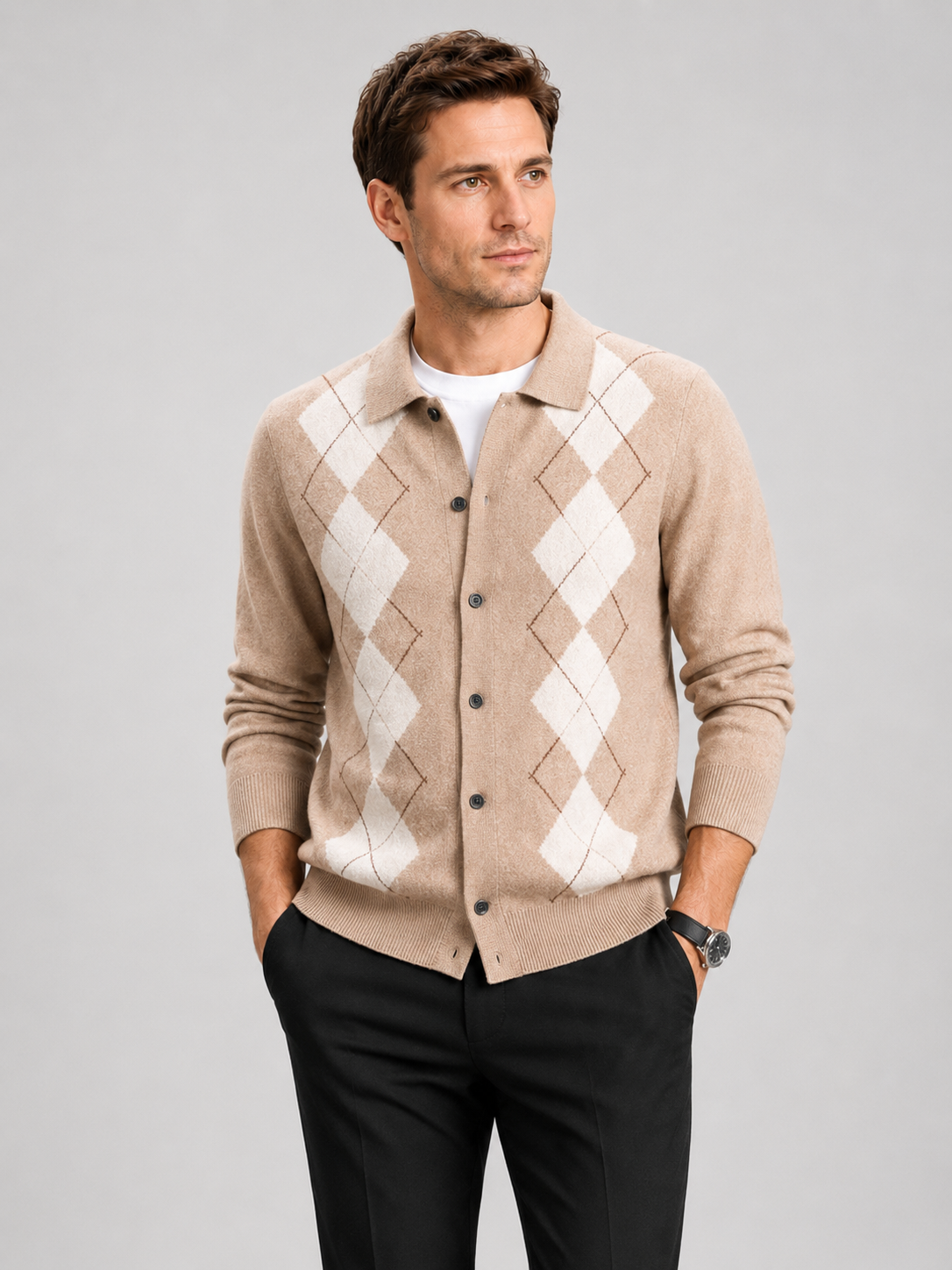 Men's argyle button-down cardigan – Beige front view