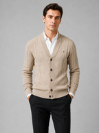 Men's argyle cable knit cardigan – Beige front view – Edward & Lawsen