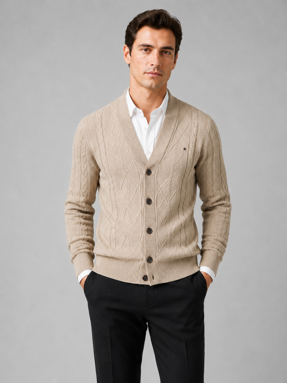Men's argyle cable knit cardigan – Beige front view – Edward & Lawsen