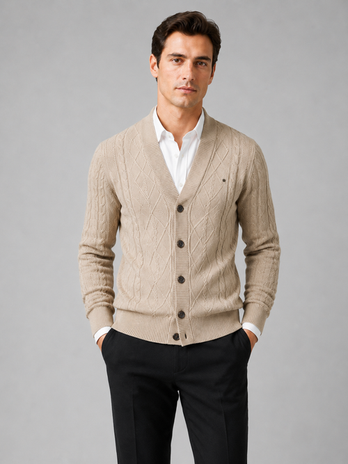 Men's argyle cable knit cardigan – Beige front view – Edward & Lawsen