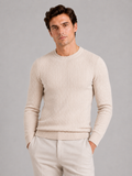 Men's cable knit crew neck sweater – Beige front view – Edward & Lawsen