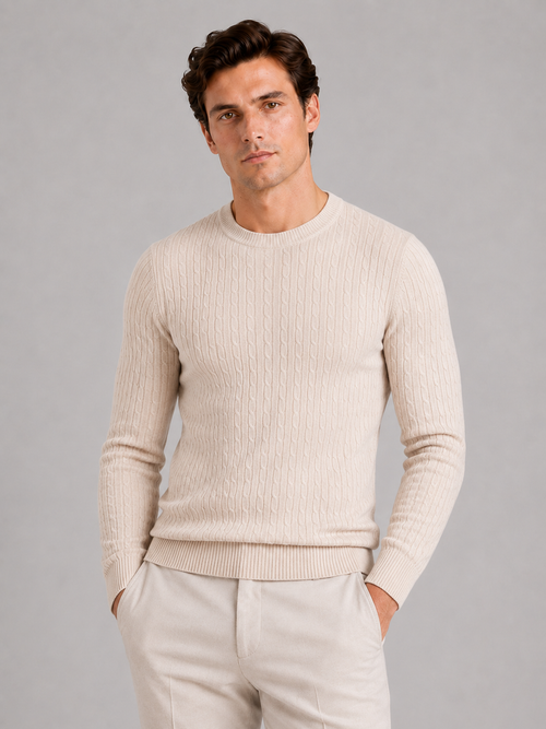 Men's cable knit crew neck sweater – Beige front view – Edward & Lawsen