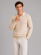 Men's cable knit V-neck polo – Beige front view – Edward & Lawsen
