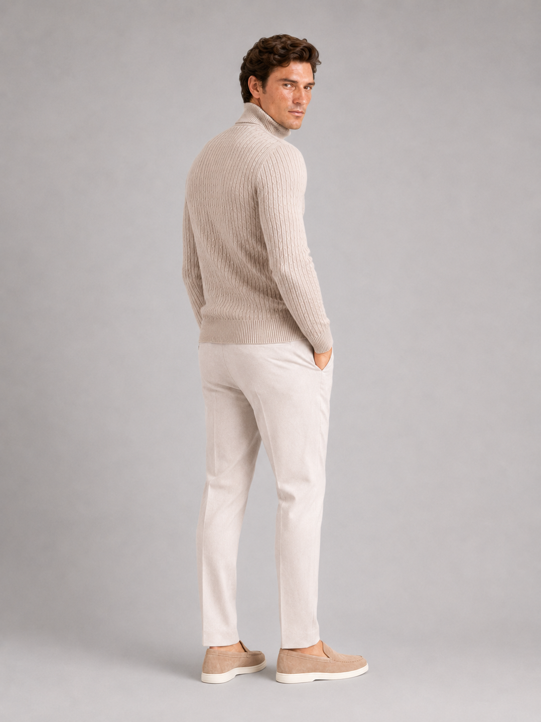 Men's cable knit turtleneck sweater – Beige back view – Edward & Lawsen