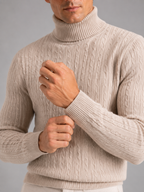 Men's cable knit turtleneck sweater – Beige detail view – Edward & Lawsen