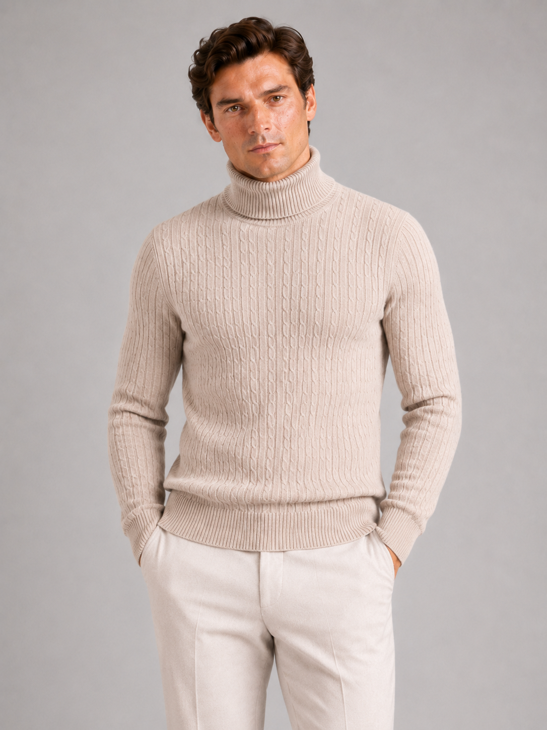 Men's cable knit turtleneck sweater – Beige front view – Edward & Lawsen