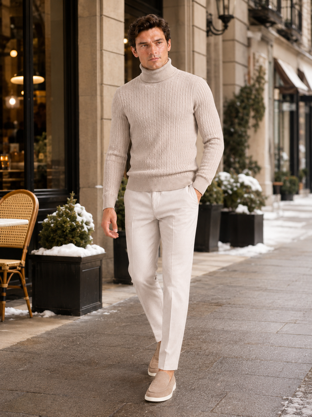 Men's cable knit turtleneck sweater – Beige lifestyle view – Edward & Lawsen