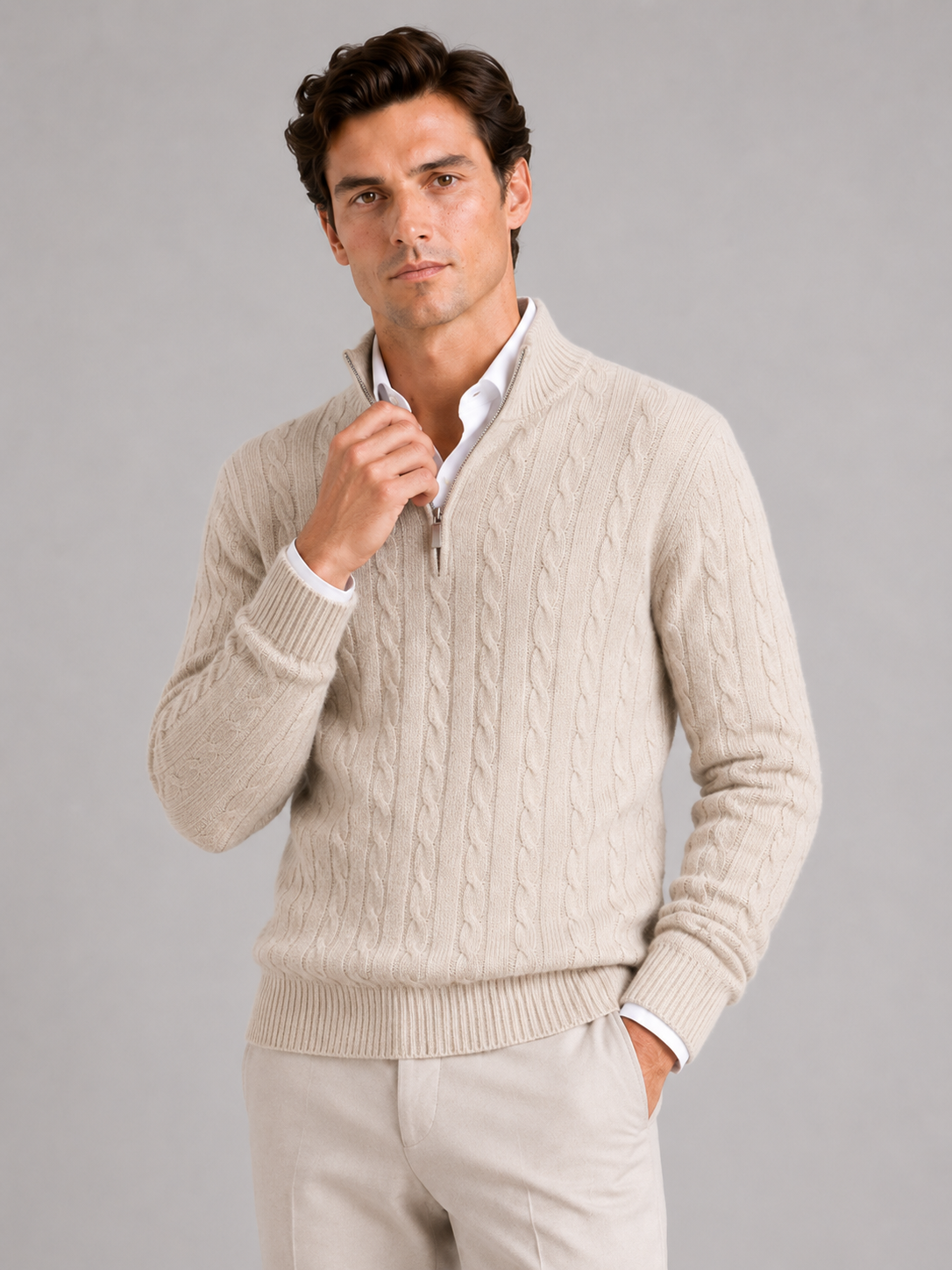 Men's cashmere quarter-zip mock neck sweater – Beige front view – Edward & Lawsen