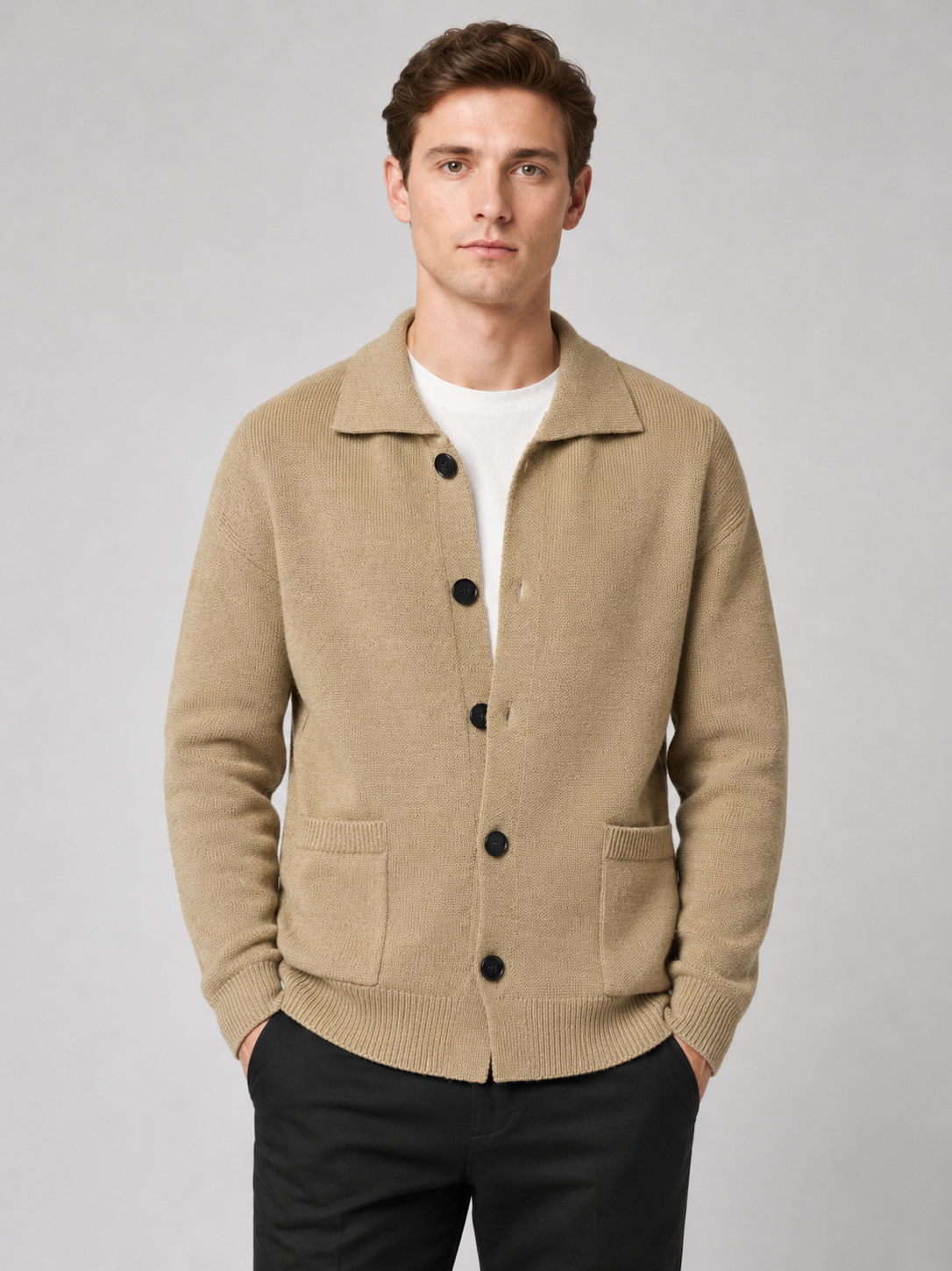 Men's cotton lapel cardigan – Beige front view – Edward & Lawsen