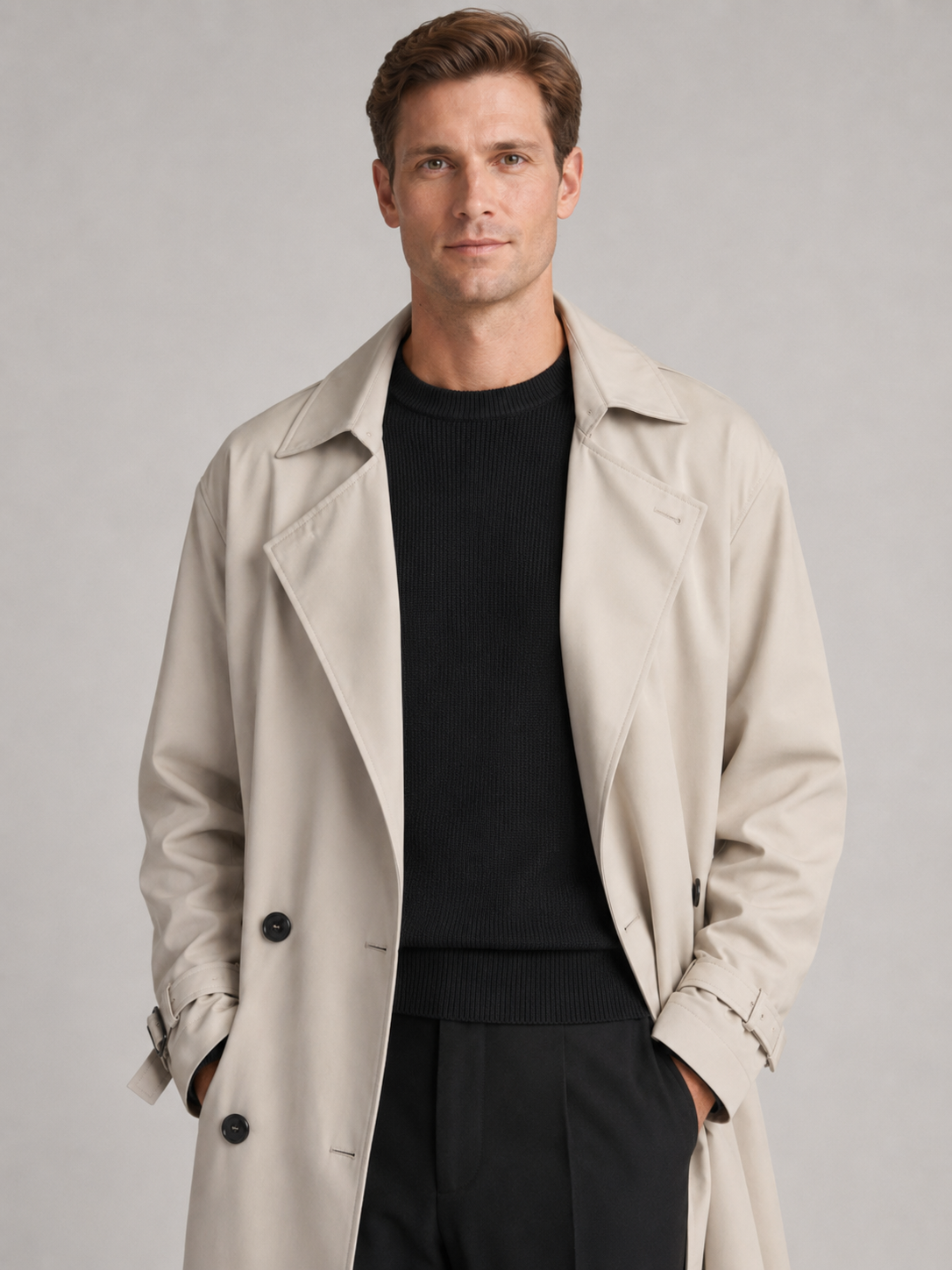 Men's over-the-knee cotton trench coat – Beige front view – Edward & Lawsen