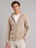 Men's merino wool zip hoodie cardigan – Beige front view – Edward & Lawsen