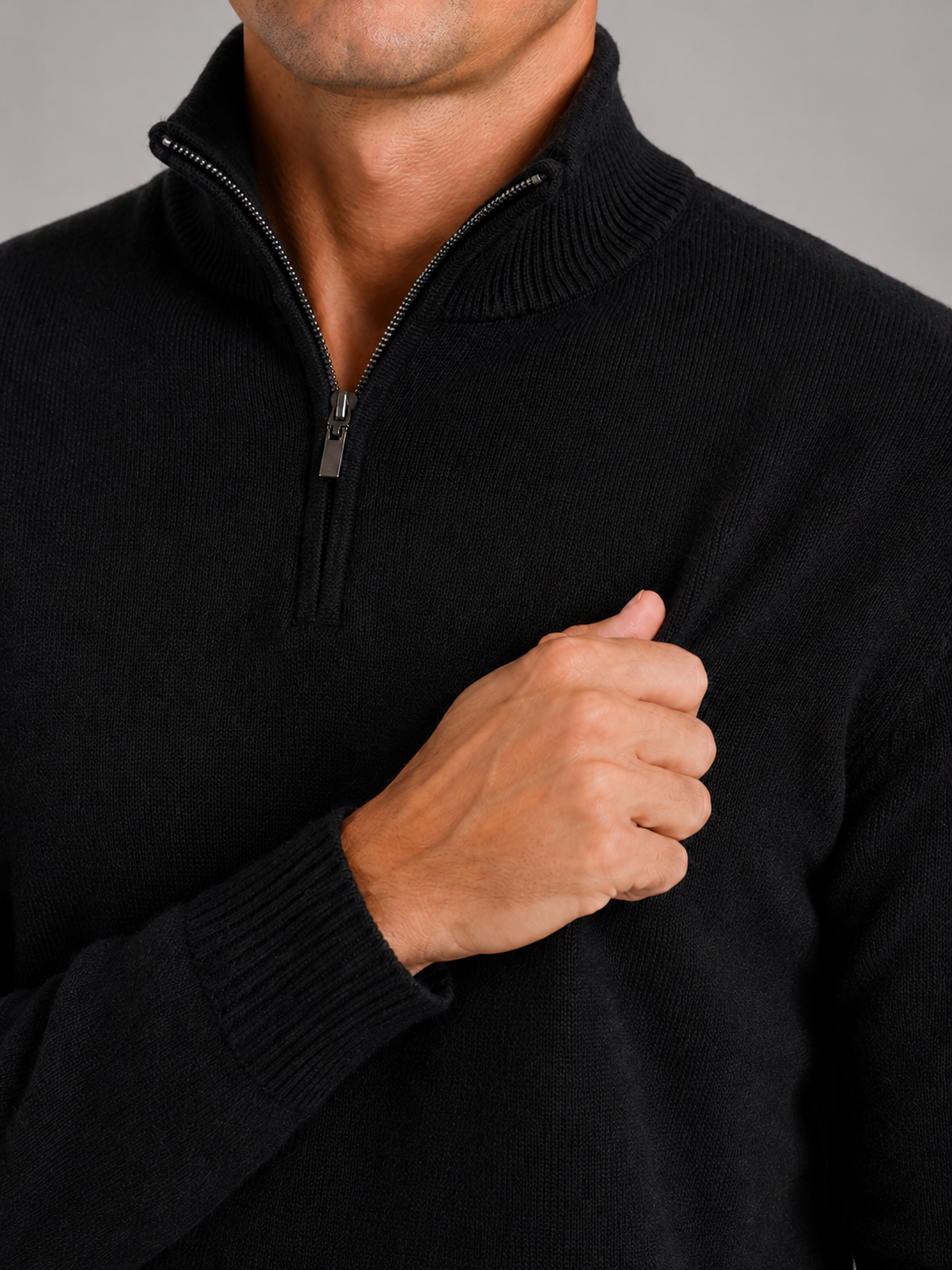 Men's wool half-zip mock neck sweater – Black detail view – Edward & Lawsen