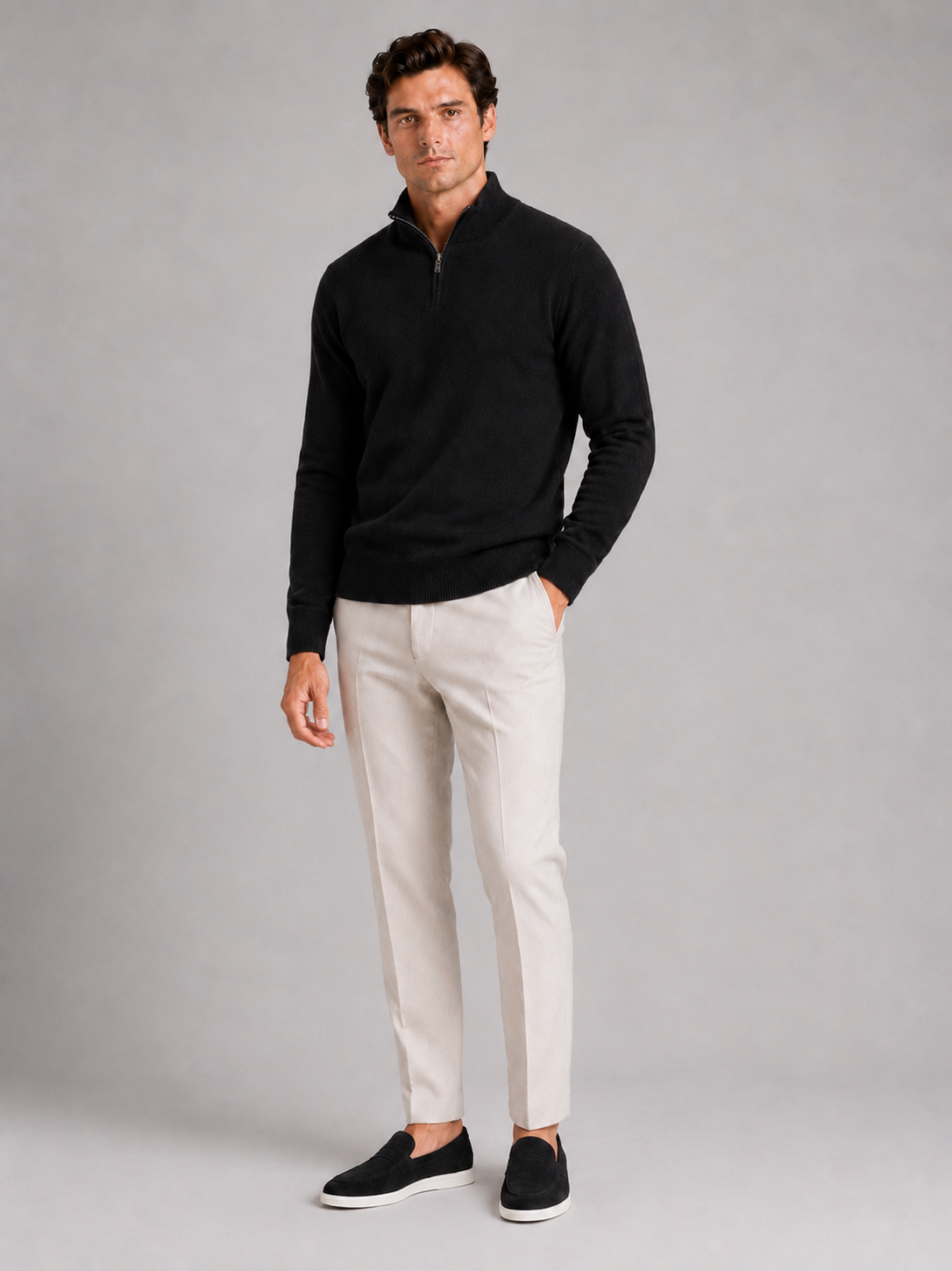 Men's wool half-zip mock neck sweater – Black full view – Edward & Lawsen