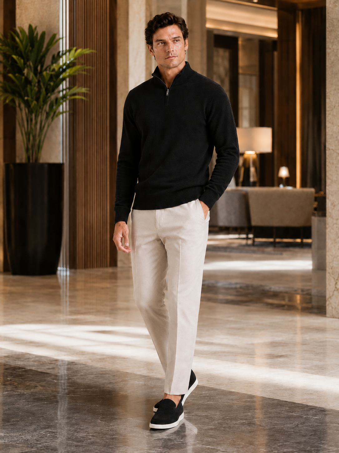 Men's wool half-zip mock neck sweater – Black lifestyle view – Edward & Lawsen