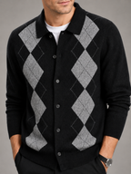 Men's argyle button-down cardigan – Black detail view – Edward & Lawsen