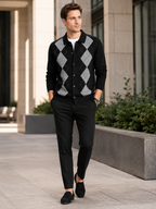 Men's argyle button-down cardigan – Black lifestyle view – Edward & Lawsen