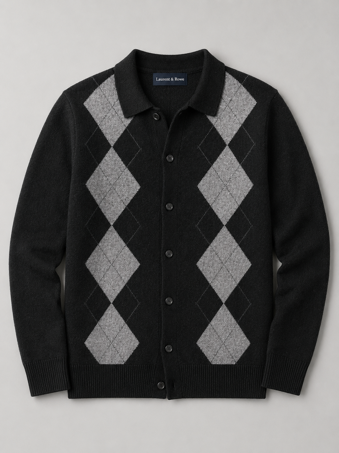 Men's argyle button-down cardigan – Black product view – Edward & Lawsen