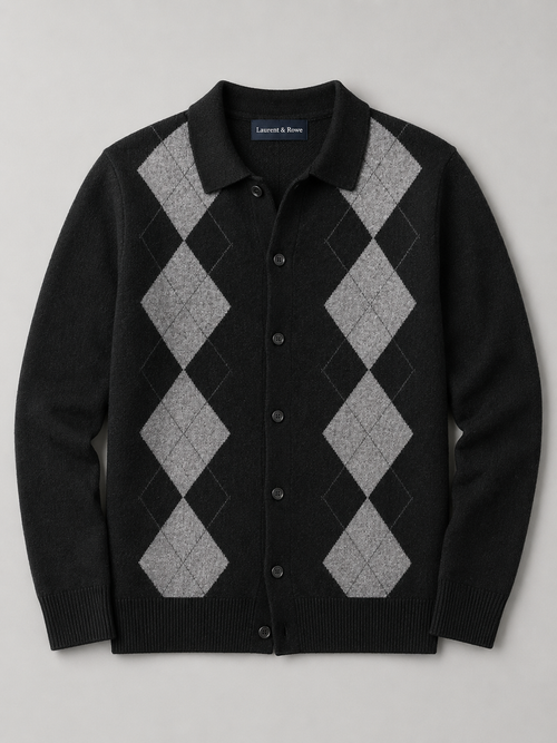 Men's argyle button-down cardigan – Black product view – Edward & Lawsen