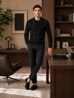 Men's argyle cable knit cardigan – Black lifestyle view – Edward & Lawsen