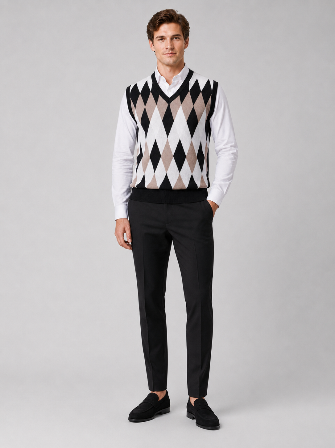 Men's argyle sweater vest – Black full view – Edward & Lawsen